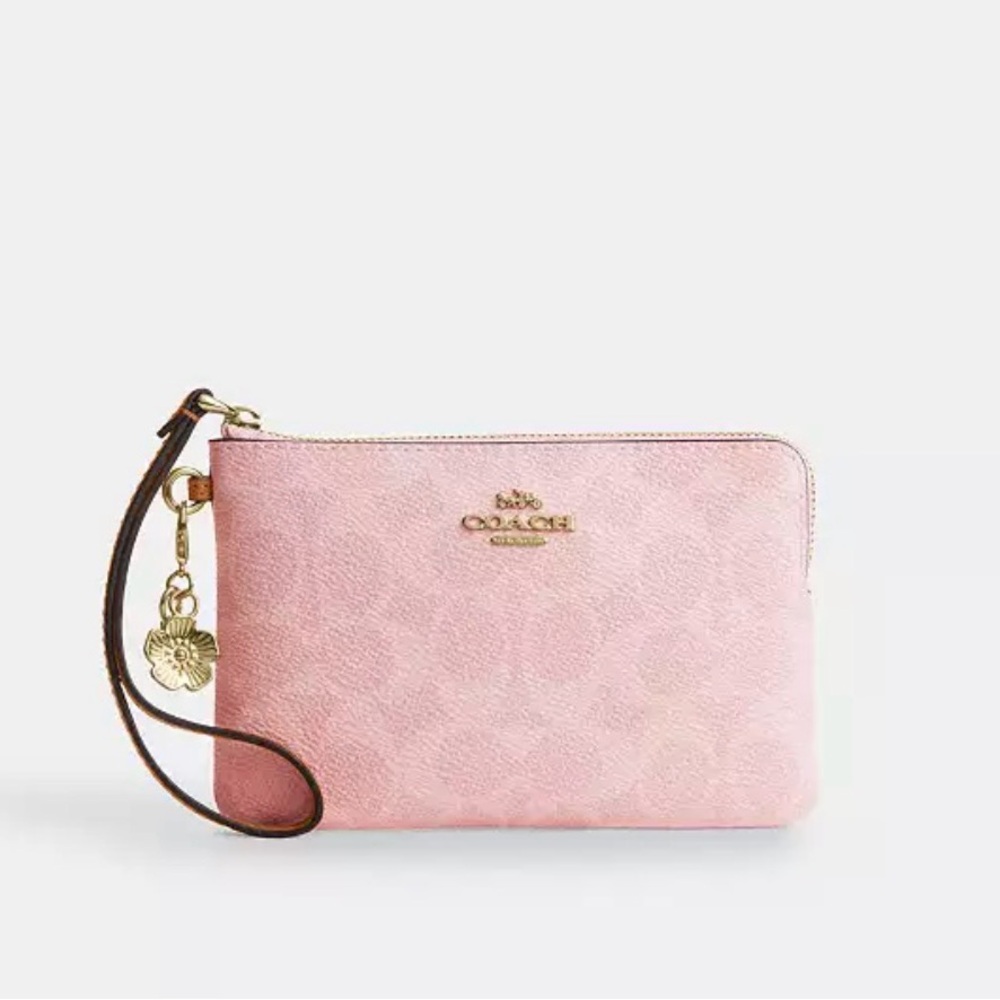 Coach Corner Zip Wristlet In Signature Canvas With Charms